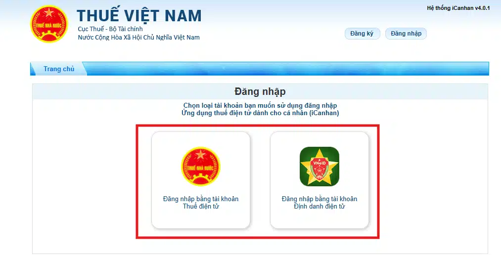 Đăng nhập tài khoản bằng tài khoản thuế điện tử và Đăng nhập bằng tài khoản Định danh điện tử